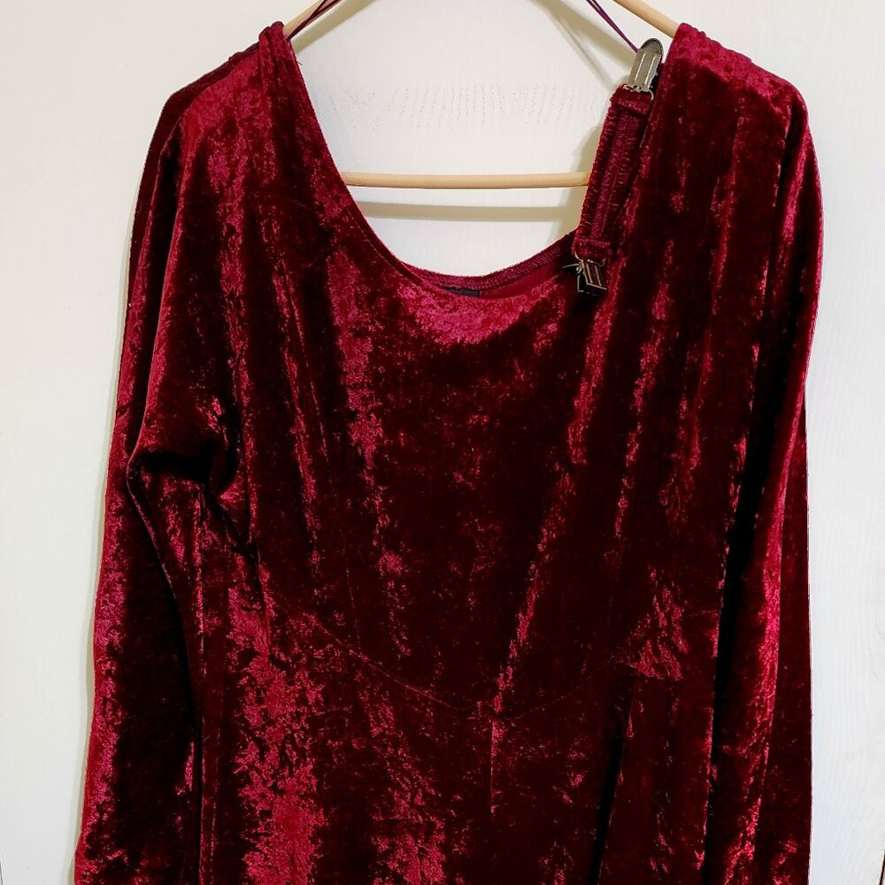 Long Sleeve Velour Maxi dress that is a deep red / maroon color with back clip